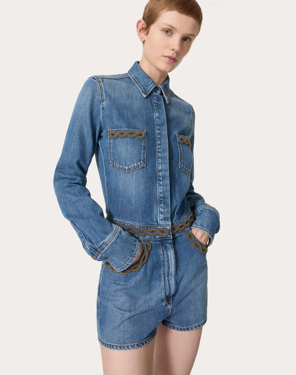 Tuta In Denim Blu Medio Ricamata
