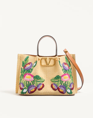 Borsa Shopping Media In Rafia Con Ricamo Floreale