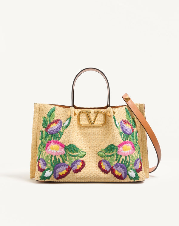 Borsa Shopping Media In Rafia Con Ricamo Floreale