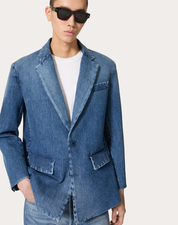 Giacca Monopetto In Denim Accoppiata Con Scuba
