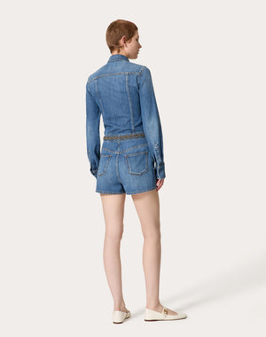 Tuta In Denim Blu Medio Ricamata