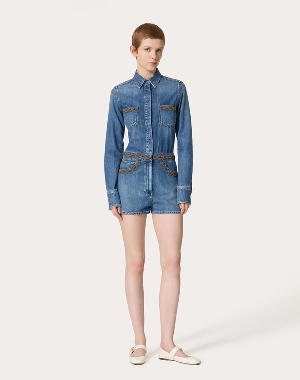 Tuta In Denim Blu Medio Ricamata