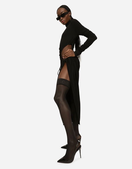 HIGH-NECKED JERSEY CALF-LENGTH DRESS WITH CUT-OUT