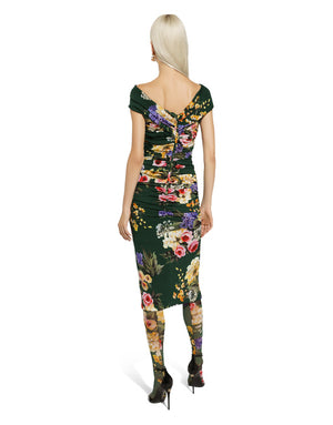 CHARMEUSE DRAPED SHEATH DRESS WITH GARDEN PRINT