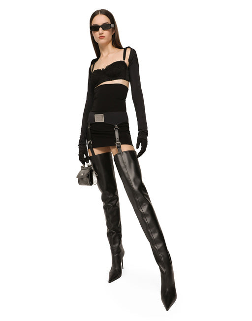 CALFSKIN THIGH-HIGH BOOTS WITH GARTER