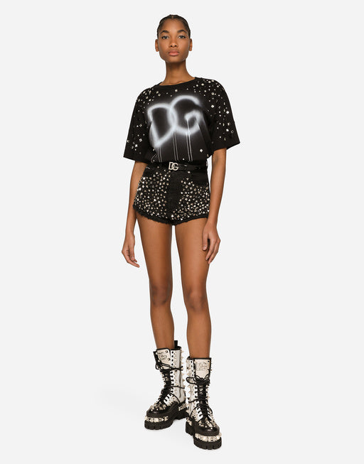 JERSEY T-SHIRT WITH DG LOGO PRINT WITH RHINESTONES