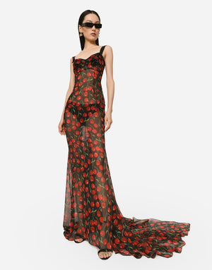 LONG CHERRY-PRINT CHIFFON DRESS WITH TRAIN