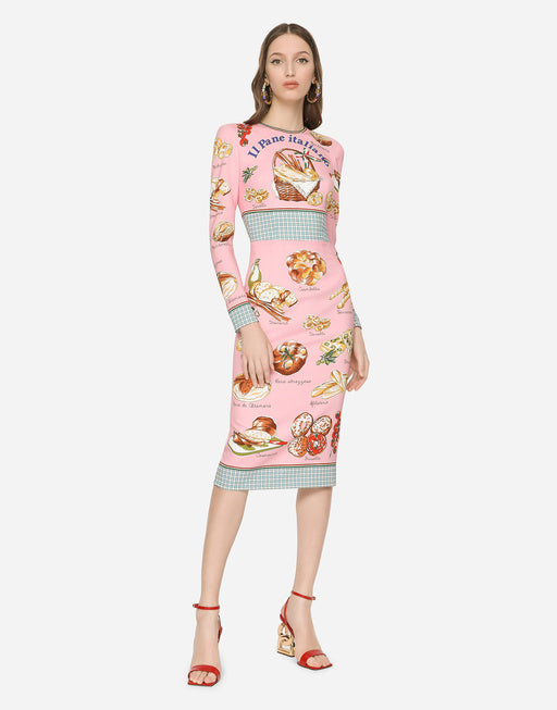 CHARMEUSE CALF-LENGTH DRESS WITH BREAD PRINT