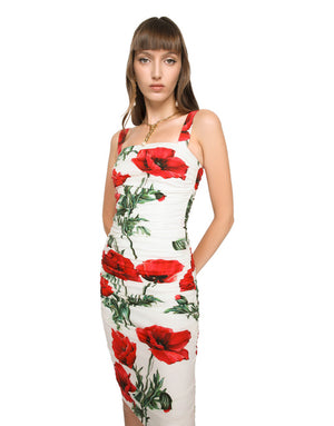DRAPED POPPY-PRINT POPLIN DRESS