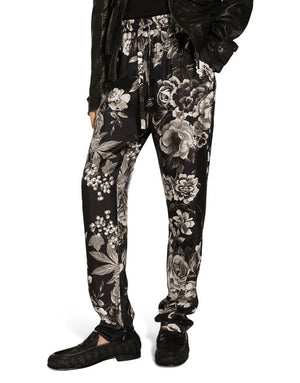 SILK TWILL JOGGING PANTS WITH FLORAL PRINT