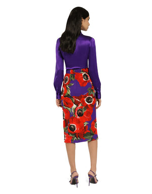 CHARMEUSE CALF-LENGTH SKIRT WITH ANEMONE PRINT