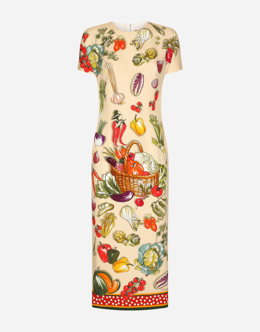 VEGETABLE-PRINT CHARMEUSE MIDI DRESS