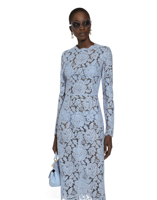 LONG-SLEEVED CALF-LENGTH DRESS IN BRANDED STRETCH LACE