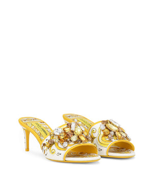 MAJOLICA-PRINT BROCADE MULES WITH EMBROIDERY