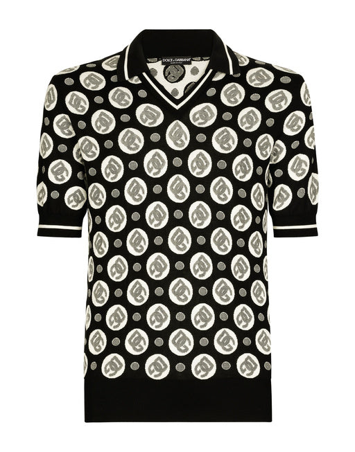 SILK JACQUARD V-NECK POLO-SHIRT WITH DG LOGO