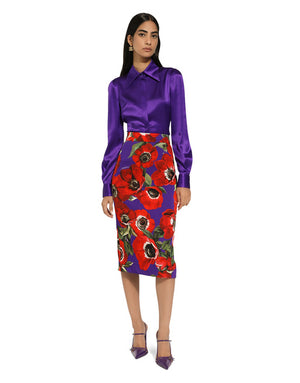 CHARMEUSE CALF-LENGTH SKIRT WITH ANEMONE PRINT