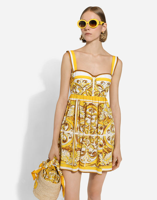 SHORT DRESS WITH CORSET BODICE IN MAJOLICA-PRINT COTTON POPLIN