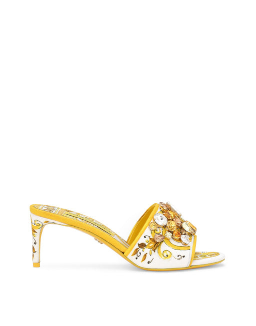 MAJOLICA-PRINT BROCADE MULES WITH EMBROIDERY