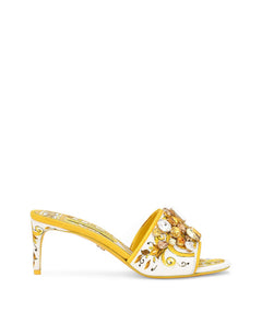 MAJOLICA-PRINT BROCADE MULES WITH EMBROIDERY