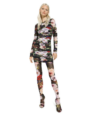 SHORT TULLE DRESS WITH DRAPING AND ROSE GARDEN PRINT