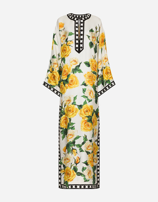 SILK CAFTAN WITH KIMONO SLEEVES AND YELLOW ROSE PRINT