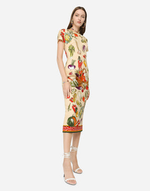 VEGETABLE-PRINT CHARMEUSE MIDI DRESS