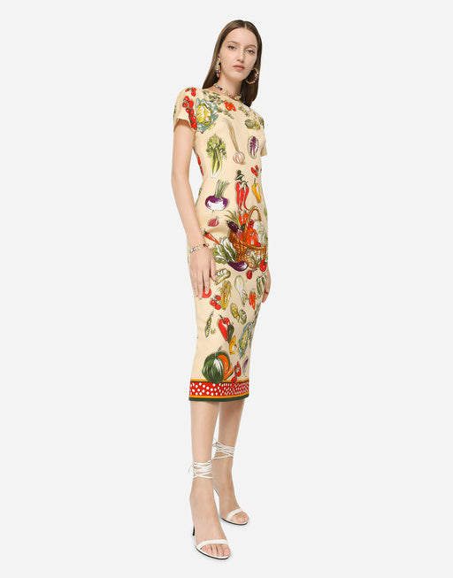VEGETABLE-PRINT CHARMEUSE MIDI DRESS