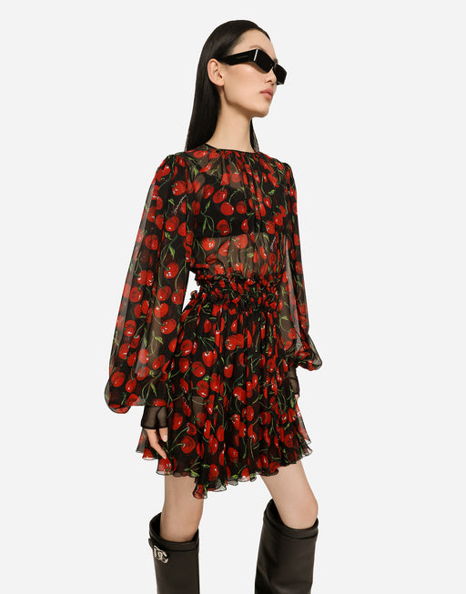 SHORT CHERRY-PRINT CHIFFON DRESS