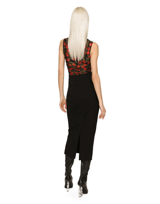 SLEEVELESS TULLE TOP WITH CHERRY PRINT AND DRAPING