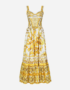 CALF-LENGTH CORSET DRESS IN MAJOLICA-PRINT COTTON POPLIN