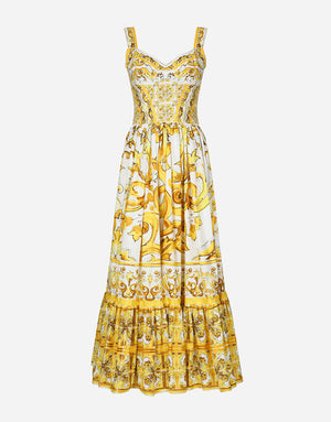 CALF-LENGTH CORSET DRESS IN MAJOLICA-PRINT COTTON POPLIN