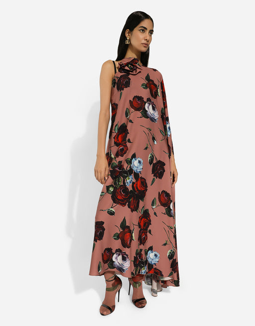 ASYMMETRICAL CHARMEUSE DRESS WITH VINTAGE ROSE PRINT