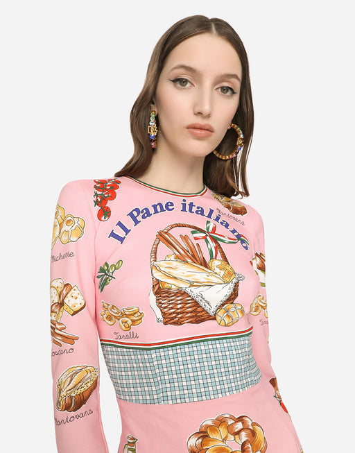 CHARMEUSE CALF-LENGTH DRESS WITH BREAD PRINT