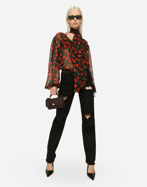 CHERRY-PRINT CHIFFON PUSSY-BOW BLOUSE