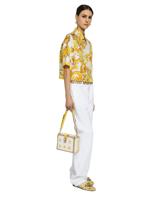 CROPPED SILK TWILL SHIRT WITH MAJOLICA PRINT