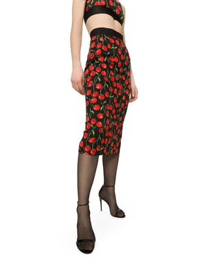 HIGH-WAISTED CHARMEUSE CALF-LENGTH SKIRT WITH CHERRY PRINT