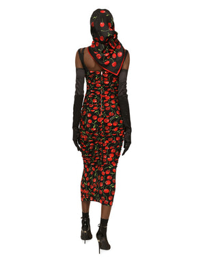 CHERRY-PRINT JERSEY CALF-LENGTH DRESS WITH DRAPING