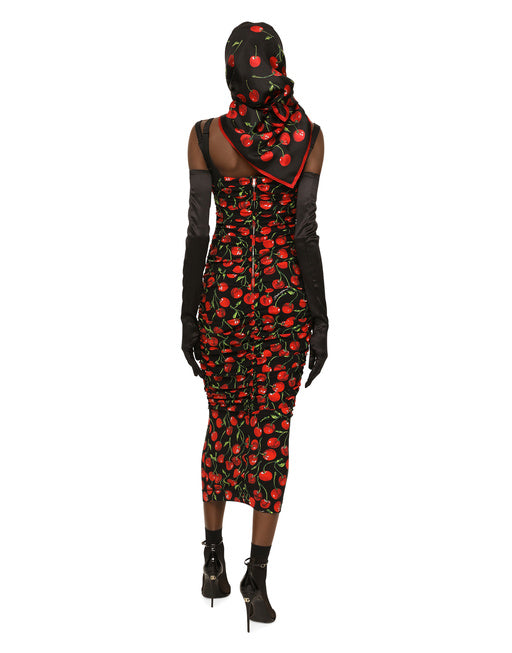 CHERRY-PRINT JERSEY CALF-LENGTH DRESS WITH DRAPING
