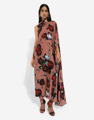 ASYMMETRICAL CHARMEUSE DRESS WITH VINTAGE ROSE PRINT