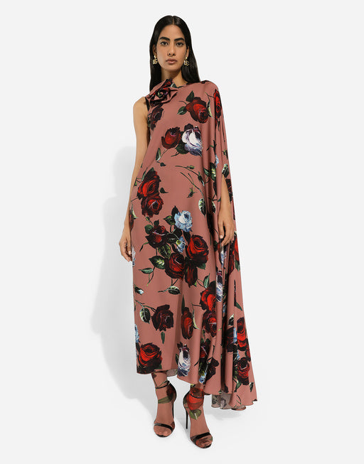 ASYMMETRICAL CHARMEUSE DRESS WITH VINTAGE ROSE PRINT