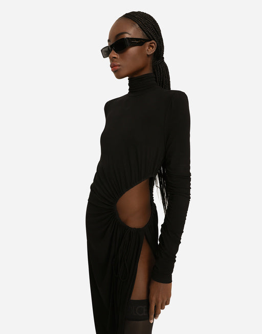 HIGH-NECKED JERSEY CALF-LENGTH DRESS WITH CUT-OUT