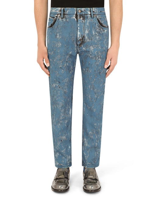 LOOSE BLUE JEANS WITH MARBLED PRINT