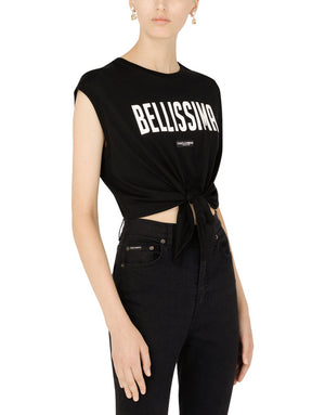 JERSEY TANK TOP WITH “BELLISSIMA” PRINT AND KNOT DETAIL