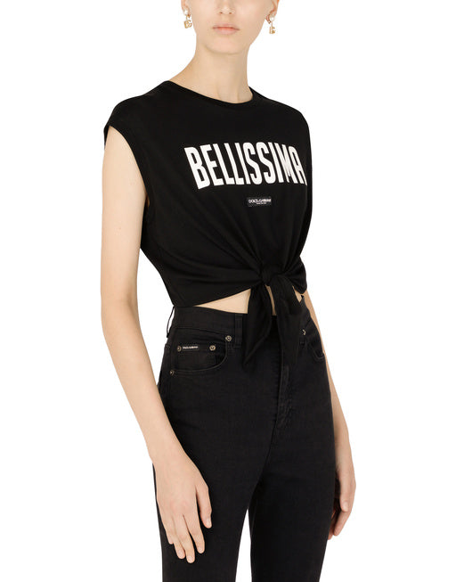 JERSEY TANK TOP WITH “BELLISSIMA” PRINT AND KNOT DETAIL