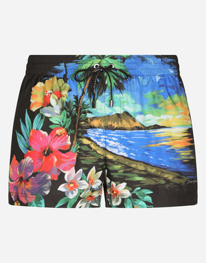 SHORT SWIM TRUNKS WITH HAWAIIAN PRINT