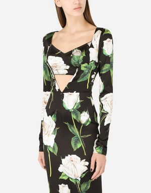 SATIN CALF-LENGTH DRESS WITH WHITE ROSE PRINT