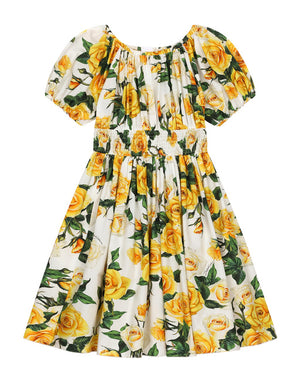 POPLIN DRESS WITH YELLOW ROSE PRINT