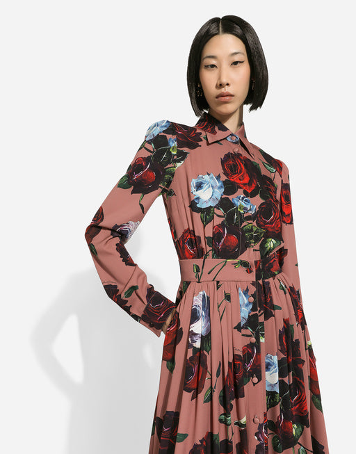 CHARMEUSE SHIRT DRESS WITH VINTAGE ROSE PRINT