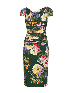 CHARMEUSE DRAPED SHEATH DRESS WITH GARDEN PRINT