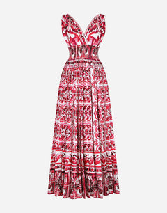 LONG MAJOLICA-PRINT POPLIN DRESS